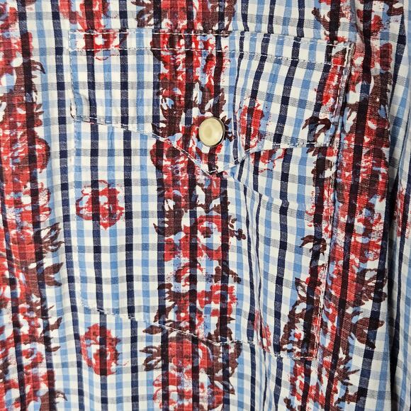 VINTAGE Wrangler Pearl Snap Western Rose Blue Long Sleeve Shirt Size XL Plaid - Picture 9 of 12